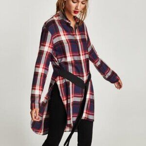 ZARA Plaid Tunic Button Down Shirt Dress Small Trafaluc Tartan Printed Belted